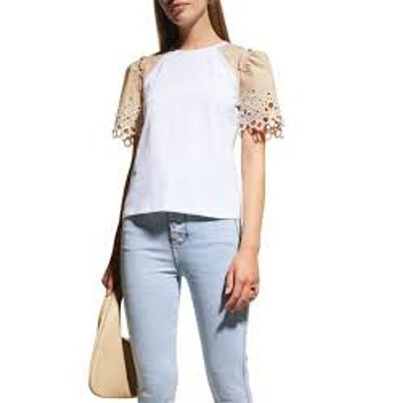 Veronica Beard Briana Embroidered Short-Puffed Sleeve Tee White & Light Khaki M - Picture 1 of 16
